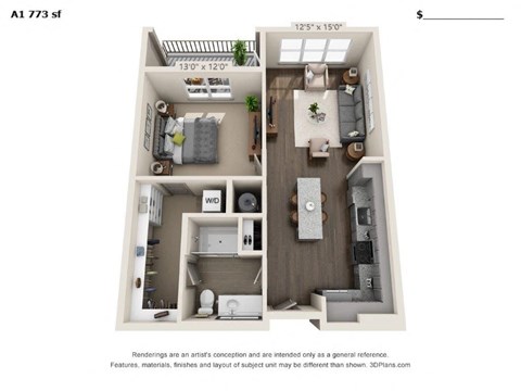 Floor plan for 1 bed, 1 bath, 773 sqft